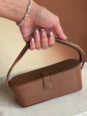 Vintage Cognac Leather Hard Box Top Handle Handbag w Mirror Lid